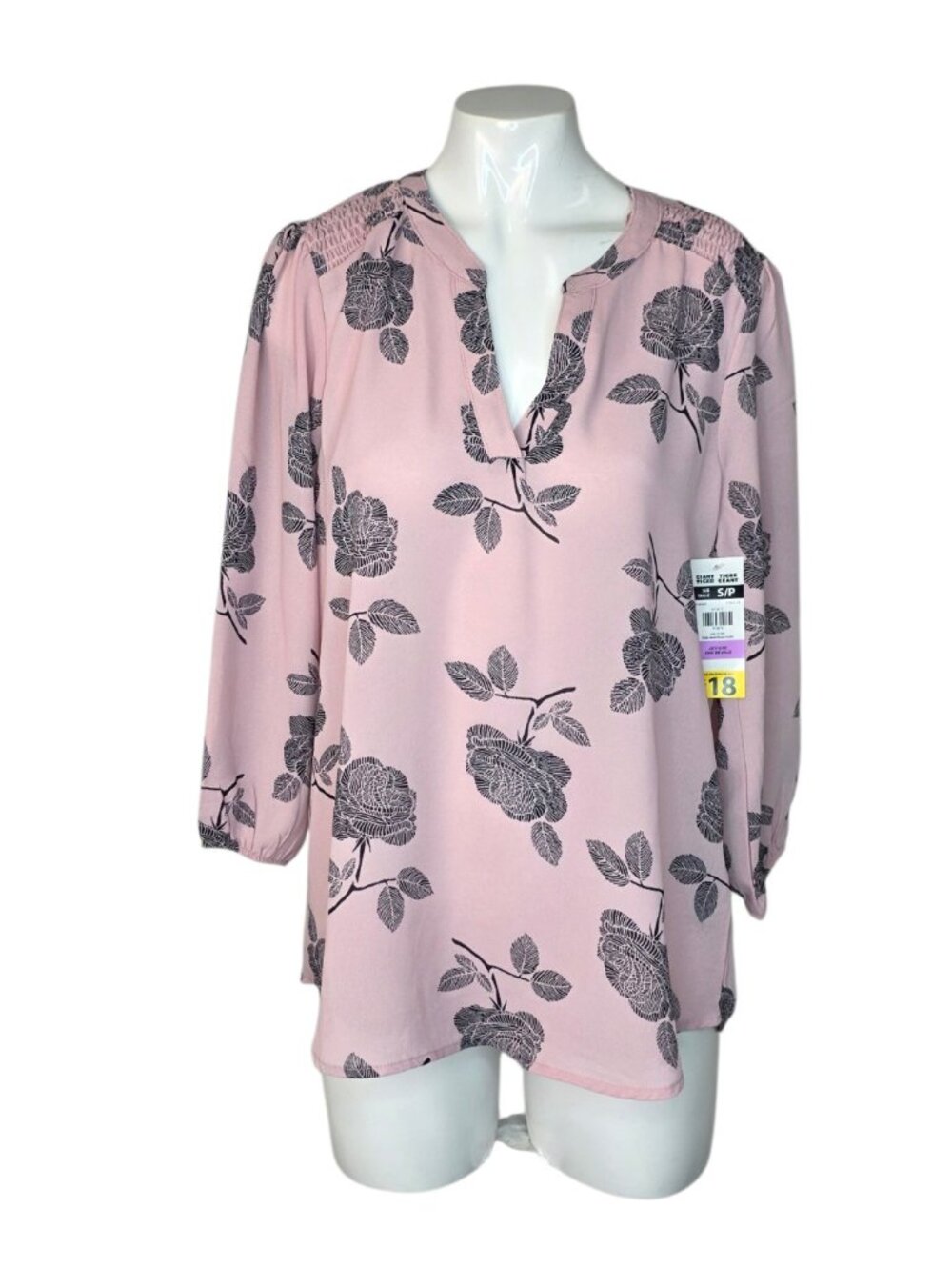 Lilly Morgan Sheer Floral Blouse, Smocked Shoulder, Pink, Size Small